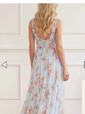 Needle & Thread Light Blue Maxi Skirt with Pink Floral Print